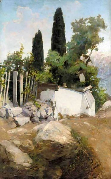 Landscape With Well And Cypress Trees - view 1