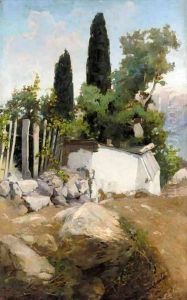 Landscape With Well And Cypress Trees