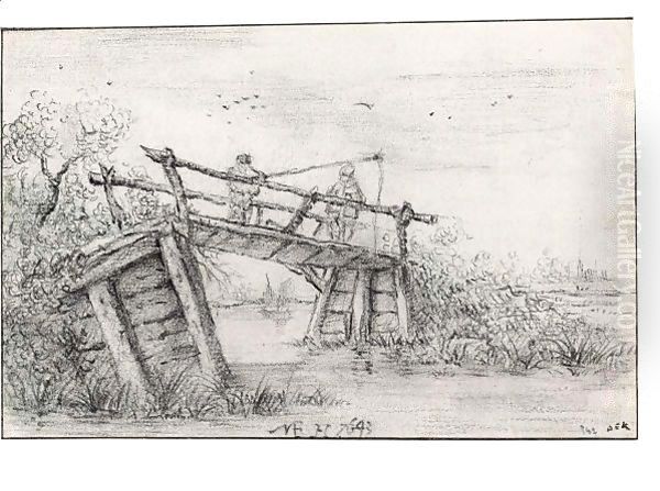 Two Figures Fishing From A Bridge Over A Stream - view 1