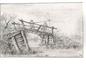 Two Figures Fishing From A Bridge Over A Stream thumbnail