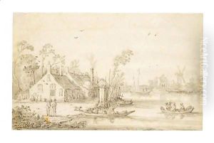 River Landscape With Boats By Cottages, And A Mill Behind River Landscape With Boats By Cottages, And A Mill Behind