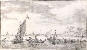 River Landscape With Fishermen In Their Boats by Jan van Goyen