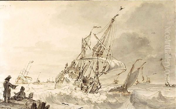 A Man-Of-War On A Choppy Sea, Figures On A Jetty On The Left - view 1