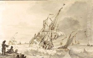 A Man-Of-War On A Choppy Sea, Figures On A Jetty On The Left by Ludolf Backhuysen