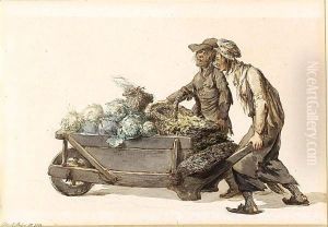 Two Market-Vendors Wheeling A Barrow Full Of Cabbages Two Market-Vendors Wheeling A Barrow Full Of Cabbages