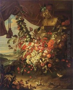 Still life with fruits, a bust of the infant Bacchus, a draped curtain and a river landscape beyond