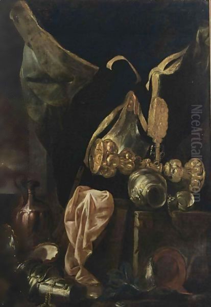 A Still Life With Armour, A Silver-Gilt Cup, A Copper Jug, A Silver Bowl And A Pink Cloth - view 1