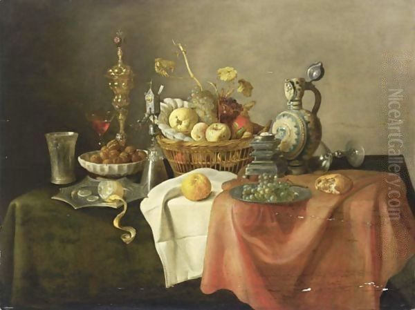 A Sumptuous Still Life With A Silver-Gilt Beaker, A Lemon On A Silver-Gilt Pointed Dish, Walnuts In A Porcelain Bowl, A Silver Gilt Cup With Cover, A Silver-Gilt Mill Glass, A Quince, An Apple, A Peach, Grapes, And Oranges In A Basket by Cornelis Mahu