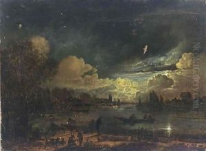 A Moonlit River Landscape With Fishermen Repairing Their Nets And Three Men In A Rowing Boat by Aert van der Neer