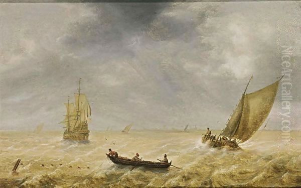 Fishermen In A Rowing Boat And Sailing Vessels In A Choppy Sea, A City In The Distance - view 1