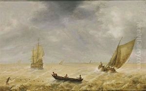 Fishermen In A Rowing Boat And Sailing Vessels In A Choppy Sea, A City In The Distance by Hendrik van Anthonissen