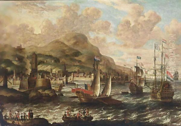 A View Of A Harbour With A Galley And Men-'O-War, A Rowing Boat And Figures On A Beach In The Foreground - view 1