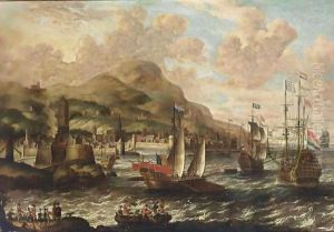 A View Of A Harbour With A Galley And Men-'O-War, A Rowing Boat And Figures On A Beach In The Foreground