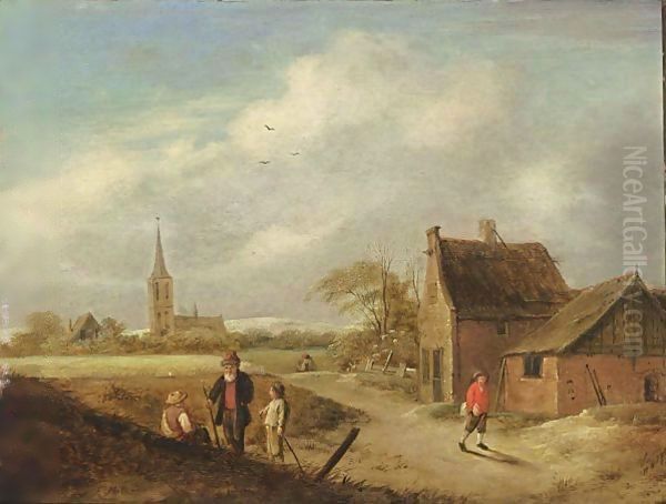 A Landscape With Travellers Resting And Figures On A Path Near A Farm, A Church Beyond - view 1