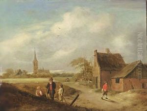 A Landscape With Travellers Resting And Figures On A Path Near A Farm, A Church Beyond by Claes Molenaar (see Molenaer)