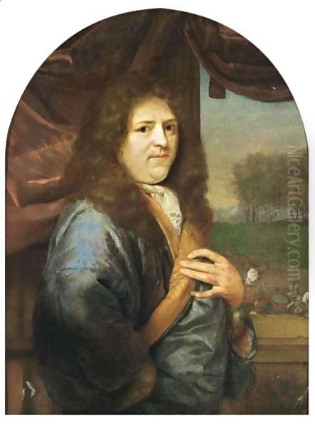 A Portrait Of A Gentleman, Standing Half-Length, Wearing A Blue Orange-Lined Satin Overcoat With White Lace Chemise, In Front Of A Stone Balustrade With A Curtain, A Park Landscape Beyond - view 1