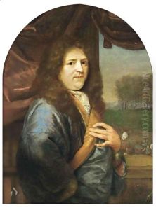 A Portrait Of A Gentleman, Standing Half-Length, Wearing A Blue Orange-Lined Satin Overcoat With White Lace Chemise, In Front Of A Stone Balustrade With A Curtain, A Park Landscape Beyond
