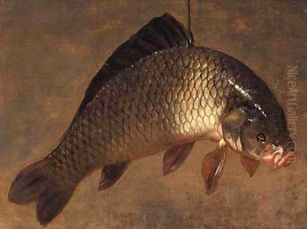 A Still Life With A Carp Hanging From A Piece Of String - view 1