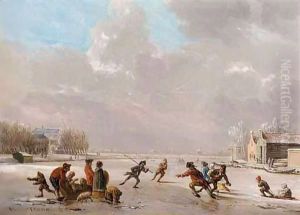 A Winter Landscape With Skaters On A Frozen River by Vincent Laurentsz. van der Vinne I