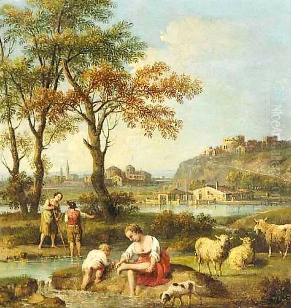 An Italianate Landscape With Figures Washing In A River - view 1