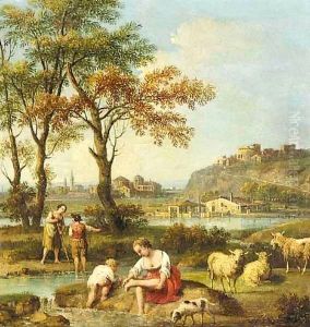 An Italianate Landscape With Figures Washing In A River by Giovanni Battista Tiepolo