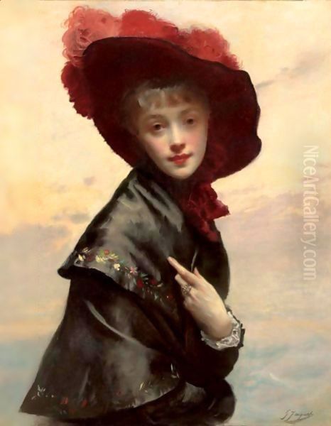 Portrait Of A Young Woman In A Black Hat And Red Feathers - view 1