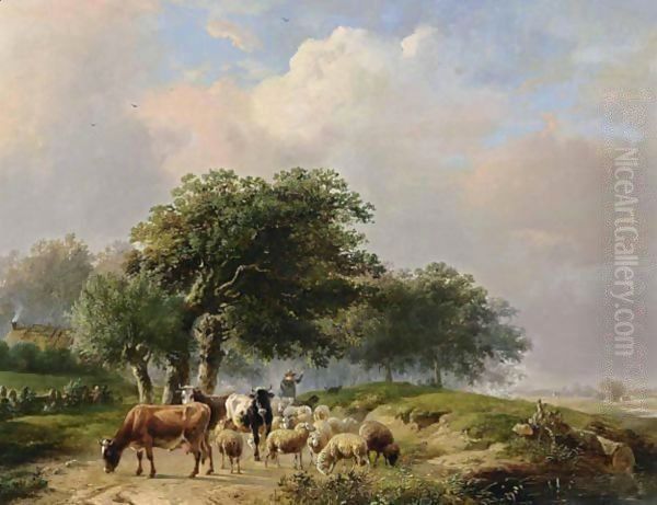 A Herdsman With His Cattle On A Path - view 1
