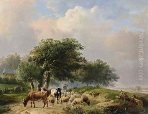 A Herdsman With His Cattle On A Path by Louis Pierre Verwee