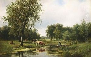 Grazing Cattle By The Water by Willem Vester