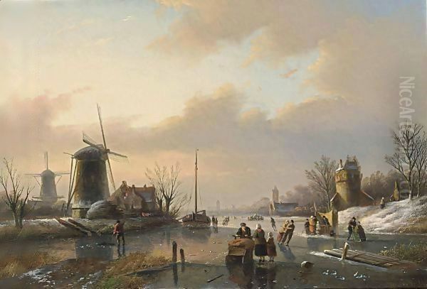 A Winter Landscape With Figures On A Frozen River - view 1
