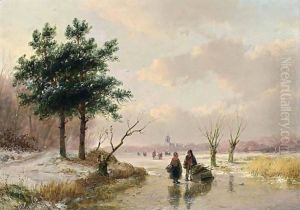 A Winter Landscape With Figures On A Frozen River by Andreas Schelfhout