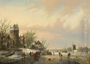 A Winter Landscape With Skaters Near A A'Koek En Zopie A'