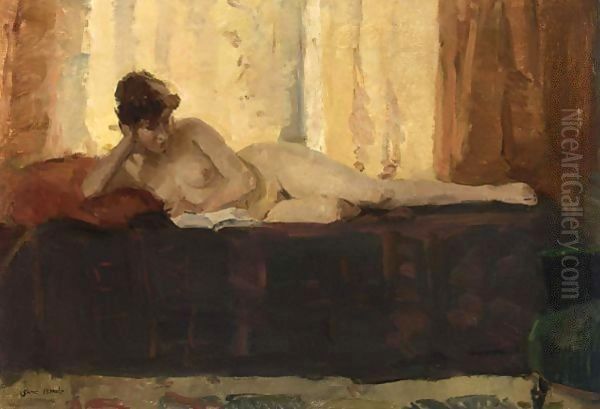 A Female Nude Reading On A Bed - view 1