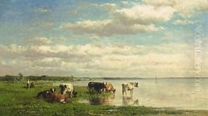 Watering Cows In A Summer Landscape by Willem Roelofs
