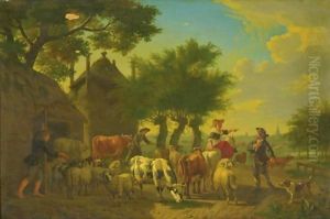 An Extensive Landscape With Shepherds, Sheep, Goats And Cows by Jan van Gool
