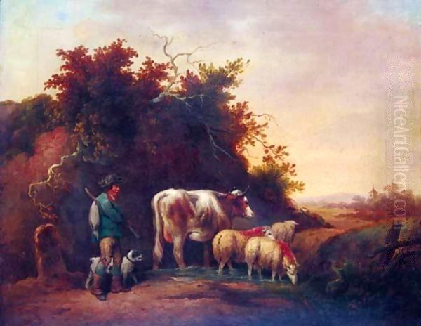 A Drover With Sheep And Cattle Watering In A Stream - view 1