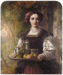 A Young Lady Carrying A Tray With Grapes, Apples And Drinks
