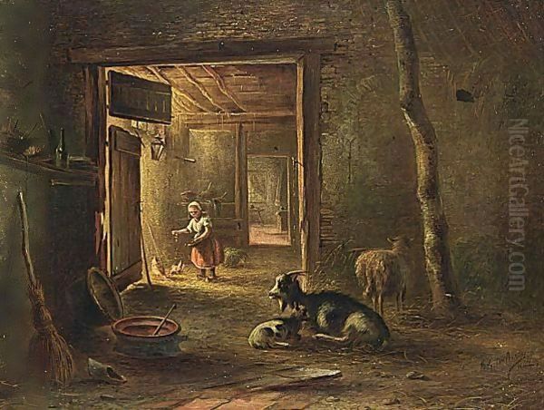 A Stable Interior With A Little Girl Feeding The Chickens - view 1