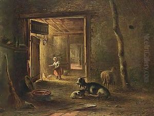 A Stable Interior With A Little Girl Feeding The Chickens by Bernardus Gerardus Ten Berge