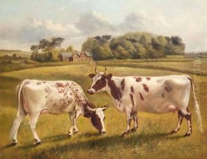 Pinky II And Polly II, Two Prize Pedigree Ayrshire Cows In A Spring Landscape by Benjamin Cam Norton