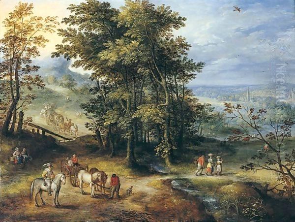 An Extensive Wooded Landscape With Travellers On A Path - view 1