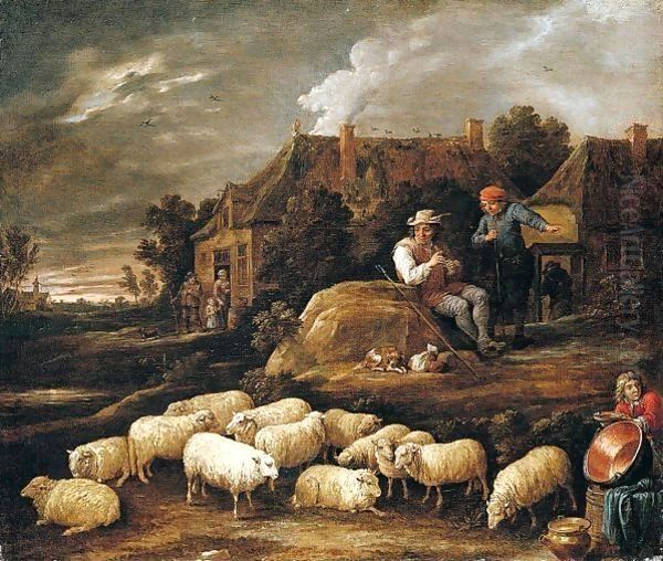 A Shepherd Tending His Sheep And Conversing With A Traveller At The Edge Of A Village, A Boy Collecting Water In The Foreground - view 1