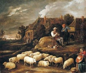 A Shepherd Tending His Sheep And Conversing With A Traveller At The Edge Of A Village, A Boy Collecting Water In The Foreground by David The Younger Teniers