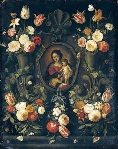 A Stone Cartouche Adorned With Flowers And Butterflies, Surrounding An Image Of The Virgin And Child With The Infant Saint John The Baptist by Jan van Kessel
