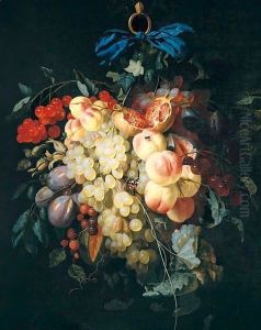 Still Life Of Grapes, Peaches, Plums, Raspberries And Cherries, Suspended From A Ring, Tied With A Blue Ribbon, Together With A Red Admiral Butterfly And A Fly by Johannes Hannot