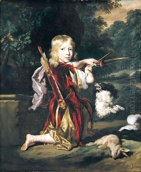 Portrait Of A Young Man, Full Length, Wearing A Red Tunic, And Holding A Bow And Arrow, With A Spaniel And A Hare - view 1