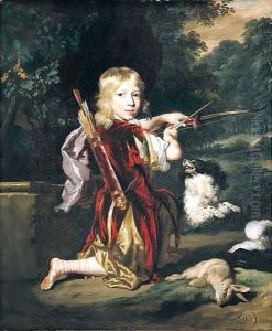 Portrait Of A Young Man, Full Length, Wearing A Red Tunic, And Holding A Bow And Arrow, With A Spaniel And A Hare