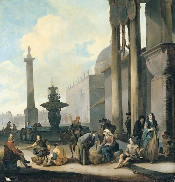 Figures And Tradesmen Near A Fountain In A Roman Square - view 1