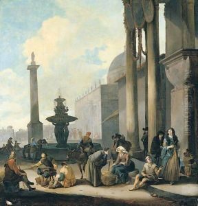Figures And Tradesmen Near A Fountain In A Roman Square