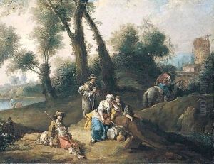 A Landscape With Travellers And Pilgrims Resting Beside A Stream, Ruins Beyond by Giuseppe Zais
